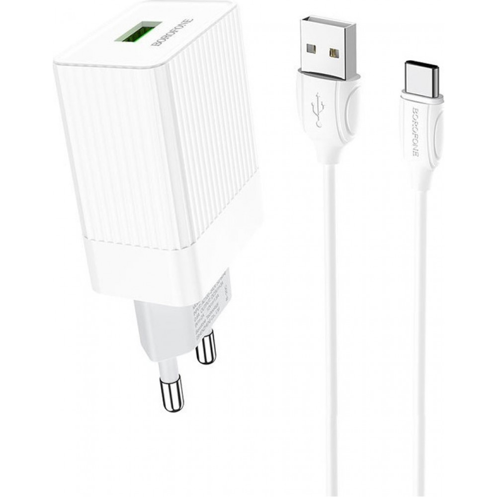 Borofone Φορτιστής με Θύρα USB-A και Καλώδιο USB-C 18W Quick Charge 3.0- Λευκός Αξεσουάρ 
