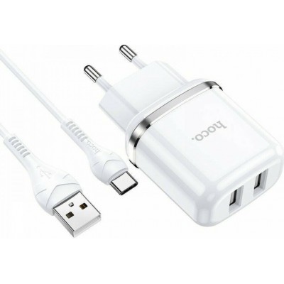 Φορτιστής με 2 Θύρες USB-A και Καλώδιο USB-type C 12W- Λευκό