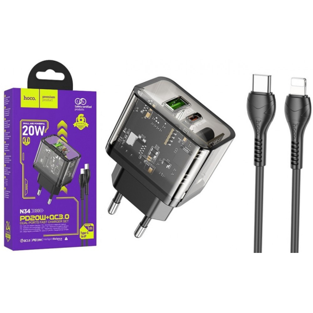 Φορτιστής Τοίχου Hoco N34 PD 20W με Θύρες USB-A & Type-C και Καλώδιο Type-C σε Lightning Αξεσουάρ 