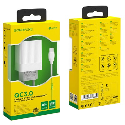 Borofone Φορτιστής με Θύρα USB-A και Καλώδιο USB-C 18W Quick Charge 3.0- Λευκός