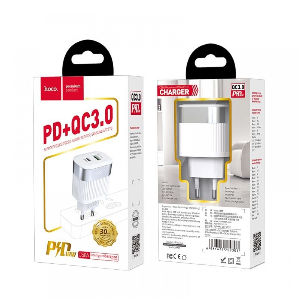 HOCO charger PD + QC3.0 C58A- Λευκό Αξεσουάρ 