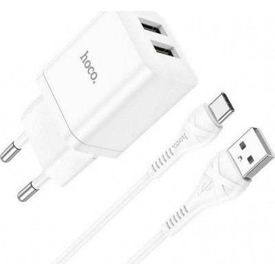 Φορτιστής Hoco N25 με 2 Θύρες USB-A & Καλώδιο Type-C -Λευκό