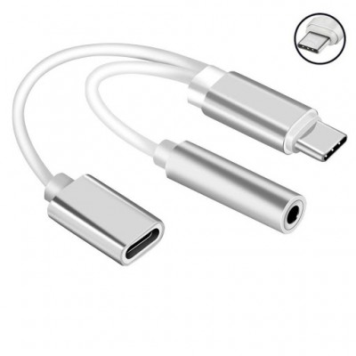 USB-C (Type-C) to 3.5mm Headphone / Audio Adapter / Charging Cable - Silver