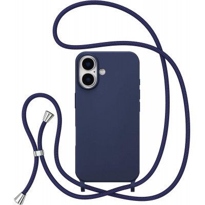 Θήκη iPhone 16 5G Back Cover Hard Case με Λουράκι Κορδόνι Λαιμού -Σκούρο Μπλε