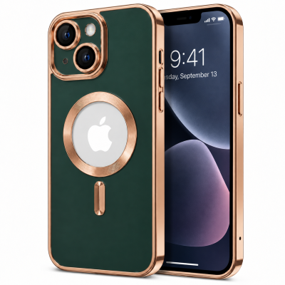 Θήκη iPhone 14 Back Cover Golden Luxury Magsafe 3,5 mm Box- Σκούρο Πράσινο