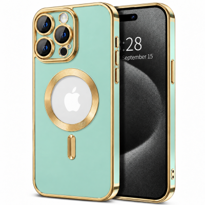 Θήκη iPhone 14 Pro Max Back Cover Golden Luxury Magsafe 3,5 mm Box- Τιρκουάζ