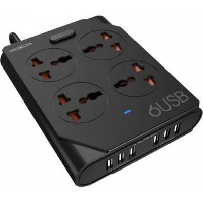 KH-63Y Πολύπριζο 4 Θέσεων με 6 USB και Καλώδιο 1.5m -Μαύρο