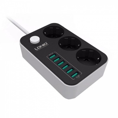 Πολύμπριζο Ασφαλείας LDNIO SE3631 – 3πλό με 6 USB Θύρες & Διακόπτη -Μαύρο