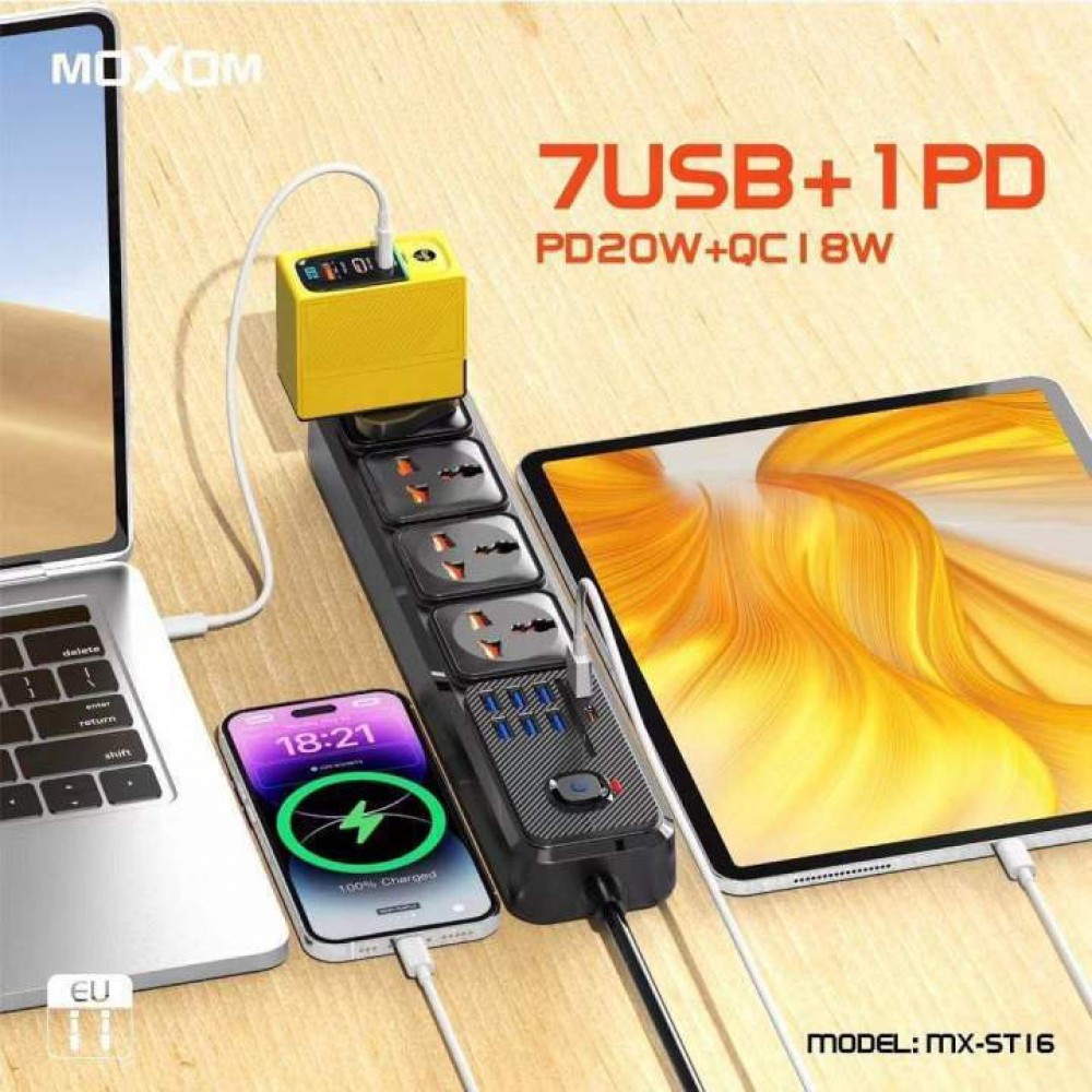 Moxom Πολύπριζο Ασφαλείας 4 Θέσεων με Διακόπτη, 7 θέσεις USB και Καλώδιο 2m -Μαύρο Διάφορα