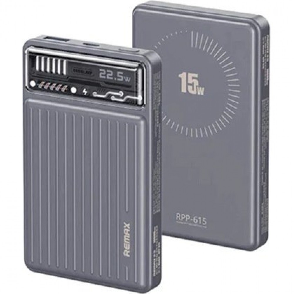 Remax RPP-615 Mini Power Bank 10000mAh – Μαγνητικός Ασύρματος Φορτιστής 15W & Γρήγορη Φόρτιση 22.5W -Γκρι Αξεσουάρ 