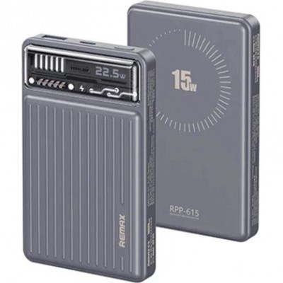 Remax RPP-615 Mini Power Bank 10000mAh – Μαγνητικός Ασύρματος Φορτιστής 15W & Γρήγορη Φόρτιση 22.5W -Γκρι