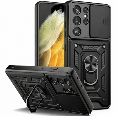 Θήκη Slide Armor Back Cover Για Samsung Galaxy S23 Ultra 5G Με Συρόμενη Προστασία Κάμερας –Μαύρο