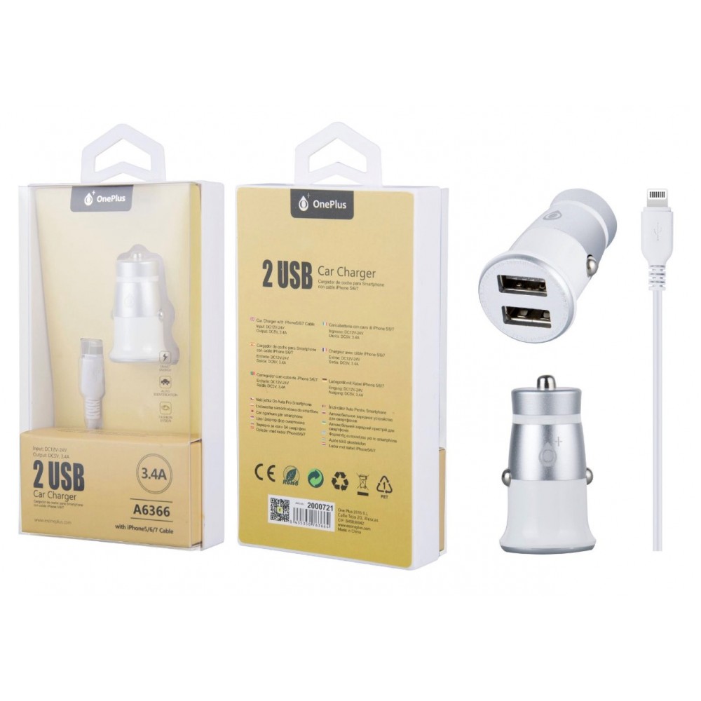 Car Charger 2USB Φορτιστής Αυτοκινήτου & Καλώδιο Lightning 3.4A  - White Αξεσουάρ 