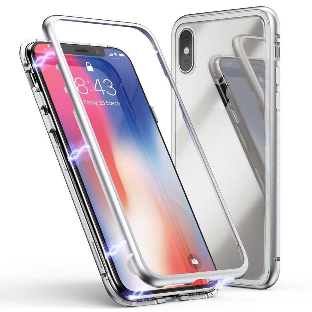 iPhone Xs Max Μαγνητική Μεταλλική Θήκη Detachable Metal Frame με Πίσω Όψη από Tempered Glass Ασημί Διάφανη Θήκες iPhone
