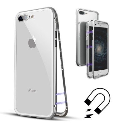 iPhone 6 / 6s  Plus Μαγνητική Μεταλλική Θήκη Detachable Metal Frame με Πίσω Όψη από Tempered Glass Ασημί Διάφανη