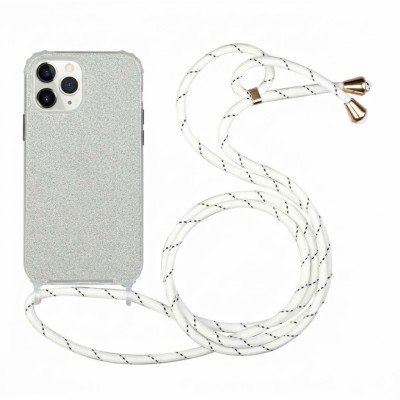 Θήκη iPhone 11 Pro Max Glitter Shine Cover Hard Case με Λουράκι Κορδόνι Λαιμού -Ασημί