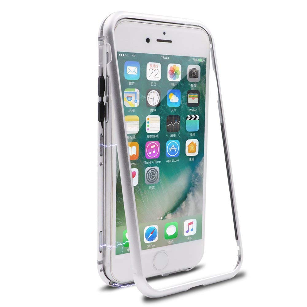 iPhone 7 / 8 Μαγνητική Μεταλλική Θήκη Detachable Metal Frame με Πίσω Όψη από Tempered Glass Ασημί Διάφανη Θήκες iPhone