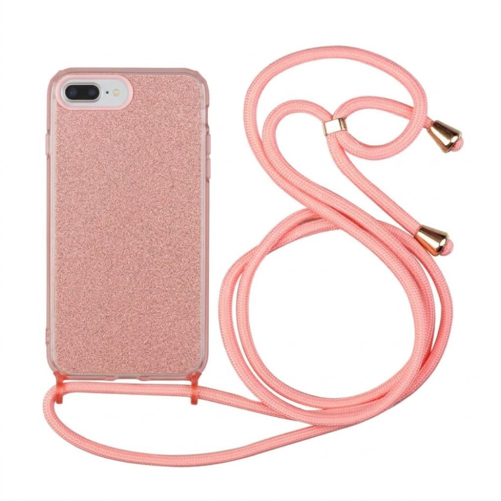 Θήκη iPhone 7 / 8 Plus Glitter Shine Cover Hard Case με Λουράκι Κορδόνι Λαιμού -Ροζ Χρυσό Θήκες iPhone