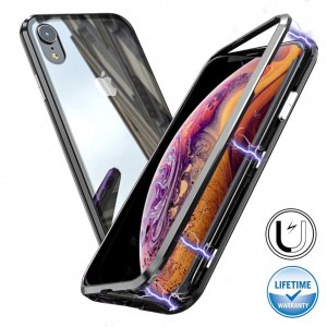 iPhone XR Μαγνητική Μεταλλική Θήκη Detachable Metal Frame με Πίσω Όψη από Tempered Glass Μαύρη Διάφανη Θήκες iPhone
