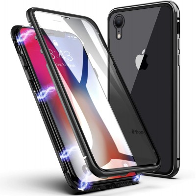 Θήκη iPhone Xr Μαγνητική Μεταλλική Detachable Metal Frame Με μπροστά και πίσω όψη απο Tempered Glass -Μαύρη Διάφανη
