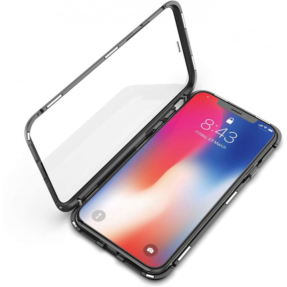 Θήκη iPhone Xr Μαγνητική Μεταλλική Detachable Metal Frame Με μπροστά και πίσω όψη απο Tempered Glass -Μαύρη Διάφανη Θήκες iPhone