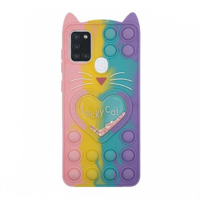 Θήκη Samsung Galaxy A21S Σιλικόνης με αυτάκια Colorful Bubbles - Σχέδιο: Πολύχρωμη Καρδούλα (κοραλί - Ανοιχτό Μωβ) 