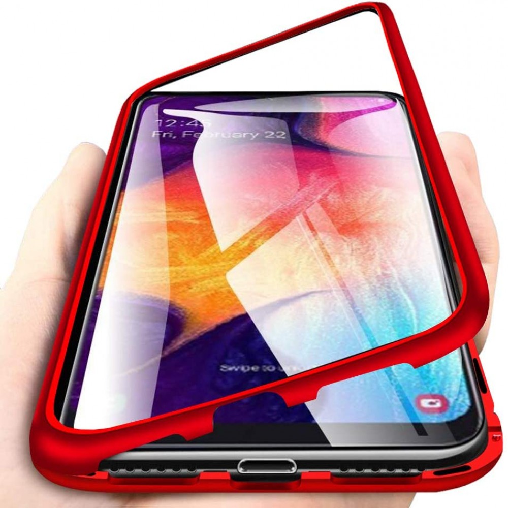 Samsung Galaxy A71 Μαγνητική Μεταλλική Θήκη Detachable Metal Frame με Πίσω Όψη από Tempered Glass Κόκκινη Διάφανη Θήκες Smartphone