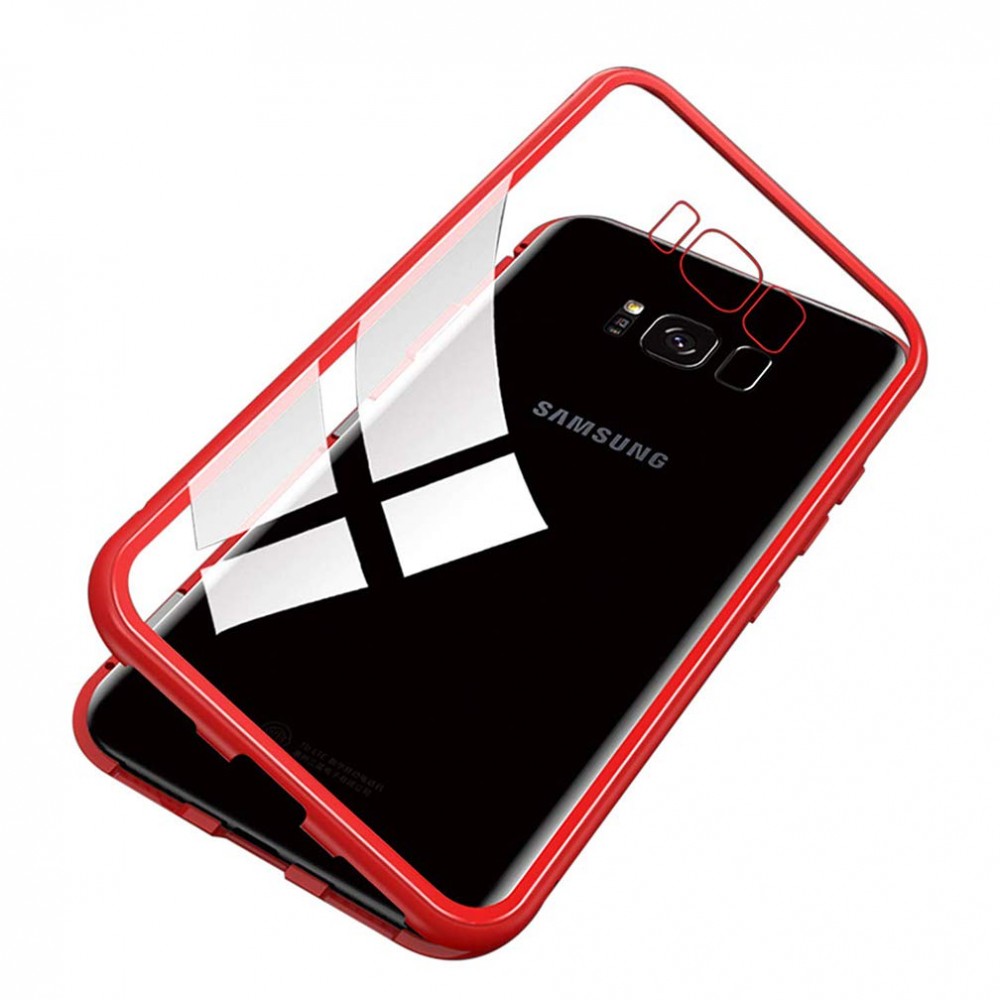 Samsung Galaxy S8 Plus Μαγνητική Μεταλλική Θήκη Detachable Metal Frame με Πίσω Όψη από Tempered Glass Κόκκινη Διάφανη Θήκες Smartphone